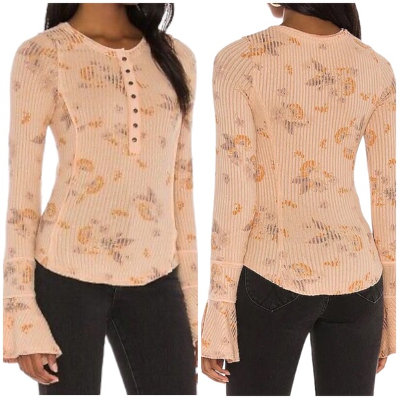 Free People Layer Me Henley Button Bell Sleeve Ribbed Peach Medium - Picture 2 of 9